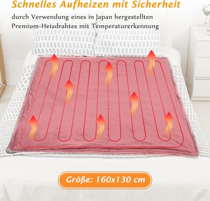 Heizdecke mit Abschaltautomatik, 130x160cm, 10 Heizstufen Up-to-9 Stunden Auto-Off-Timer Überhitzung