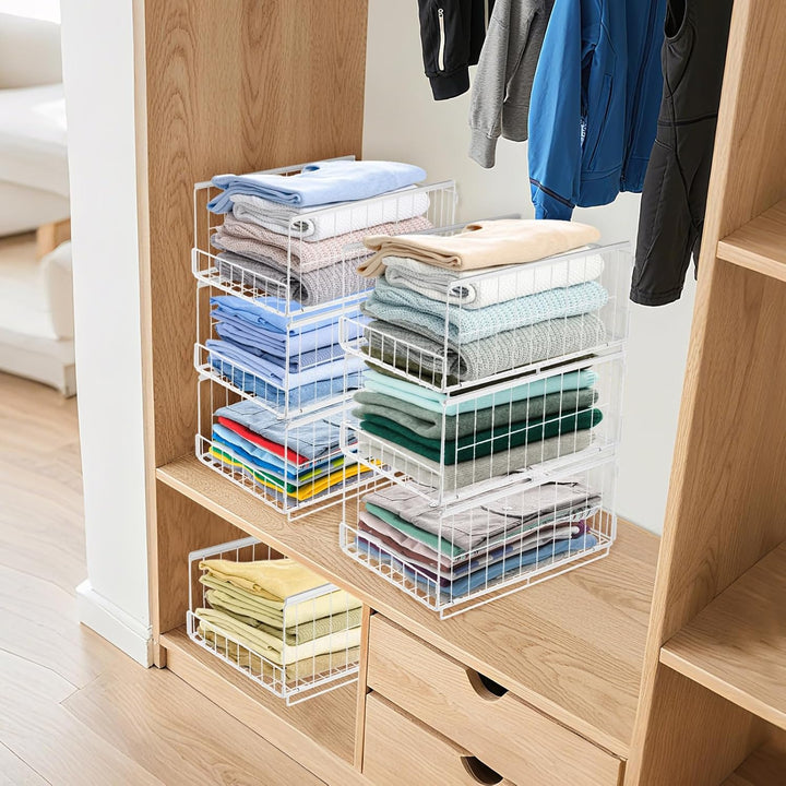 3 Stück Schrank Organizer Kleiderschrank, Stapelbare Aufbewahrungsbox mit Schubladen-Design, Metalli