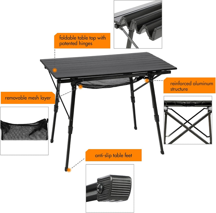 Portal Campingtisch faltbar Höhenverstellbar Klapptisch 60kg belastbar Aluminium 90 x 53cm für 4 Per