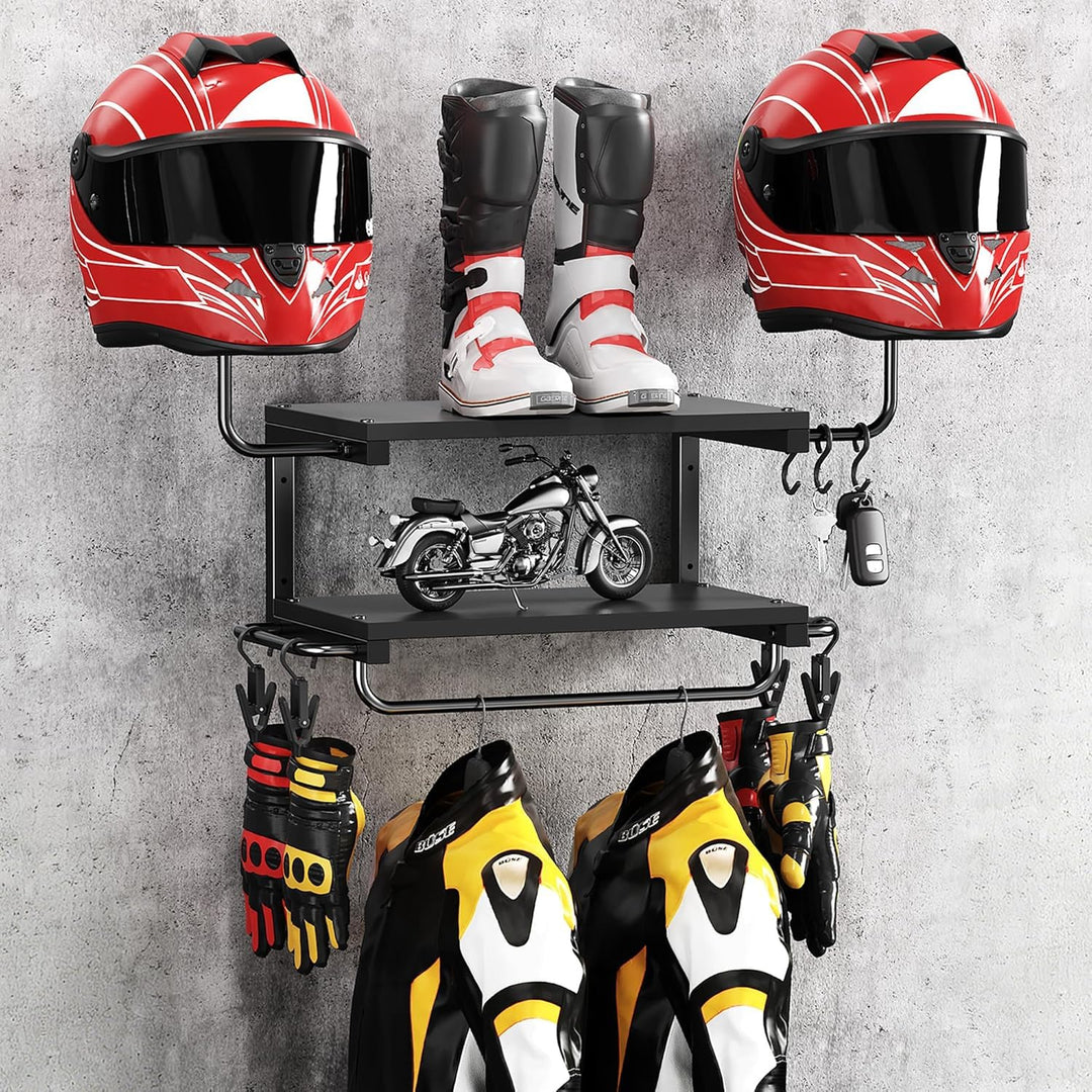 Motorradhelm Halterung Wand für 2 Helme, Motorrad Garderobe Wand mit Kleiderbügel und Haken, 30 kg T