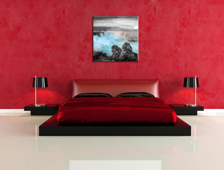 Pixxprint Goðafoss bei Sonnenuntergang als Leinwandbild/Grösse: 70x70 cm/Wandbild/Kunstdruck/fertig