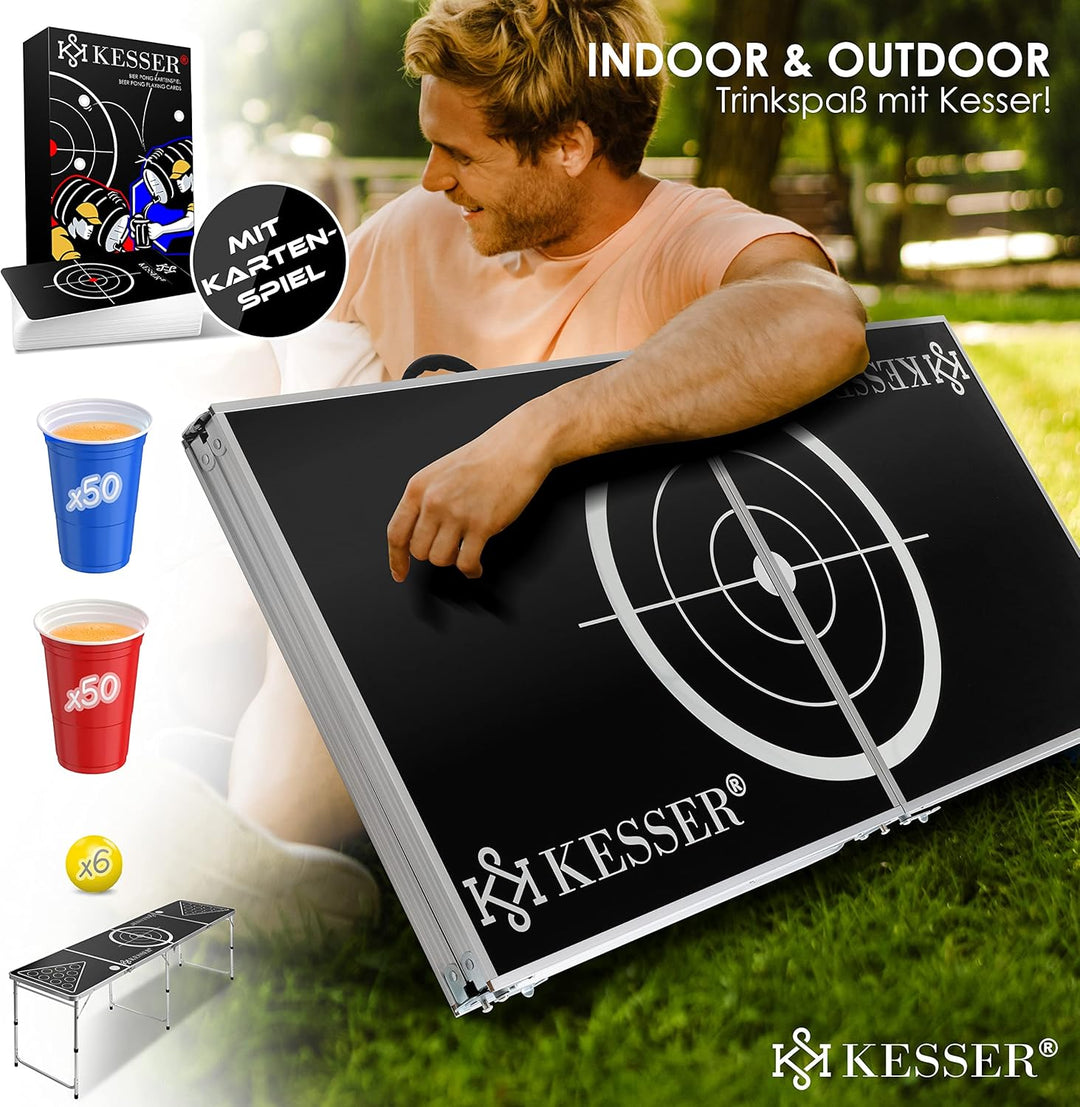 KESSER® Bier Pong Tisch Set mit Kartenspiel Trinkspiel - inkl. 100 Becher (50 Rot & 50 Blau), 6 Bäll
