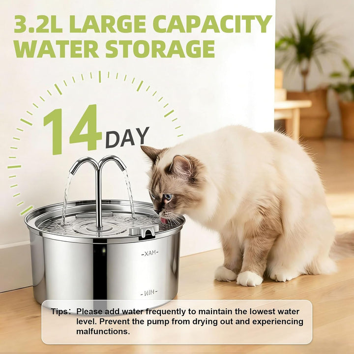 3.2L Katzenbrunnen Edelstahl, Trinkbrunnen für Katze, Leise Katzen Trinkbrunnen, Automatic Katzen Tr