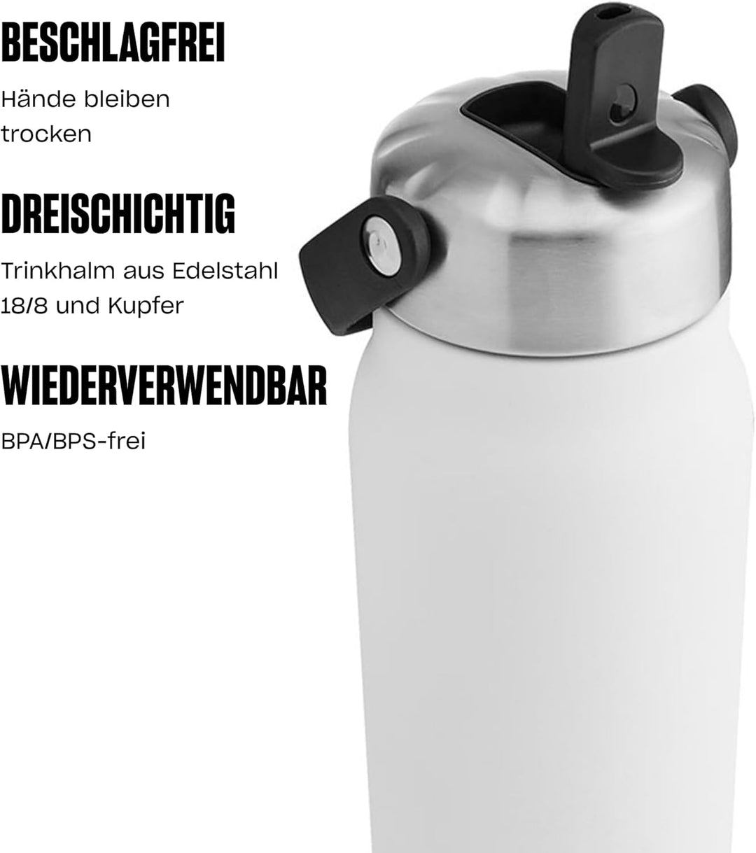 S'well Explorer Flasche aus recyceltem Edelstahl mit Klapp-Trinkhalm-Deckel, 700 ml, Stil weisser Mo