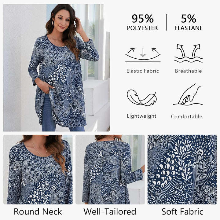 Enmain Damen Tunika Shirt Langarm/Kurzarm Longshirt Paisley Blumen 3/4 ärmel Locker Tops Sitzende Ob