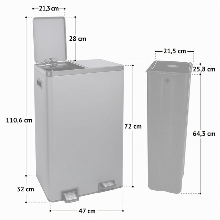 SVITA TMH2X30 Mülleimer 60L Mülltrennsystem 2 Fächer 2x30L Softclose-Deckel Pedal versteckbar Kunsts
