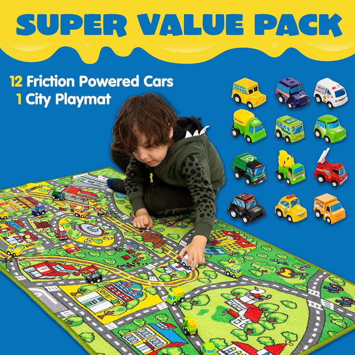 JOYIN Teppich Kinderzimmer 80x150cm mit 12 Mini Auto Spielzeug für Kinder ab 3 Jahren, Spielteppich