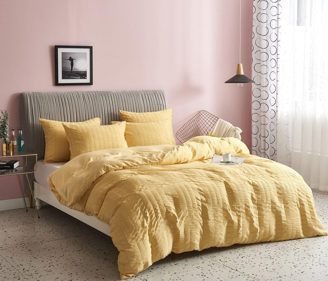 Freyamy Seersucker Bettwäsche 200x220cm 3teilig Gelb Geprägt Streifen Strukturiert Bettwaren-Sets Un