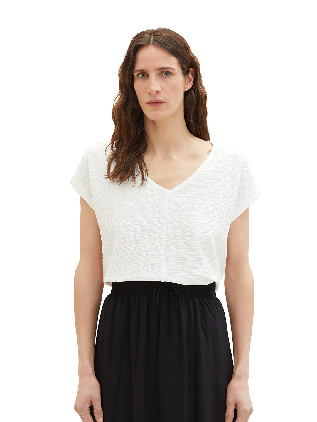 TOM TAILOR Damen Basic T-Shirt im Material-Mix M 10315 - Whisper White, M 10315 - Whisper White