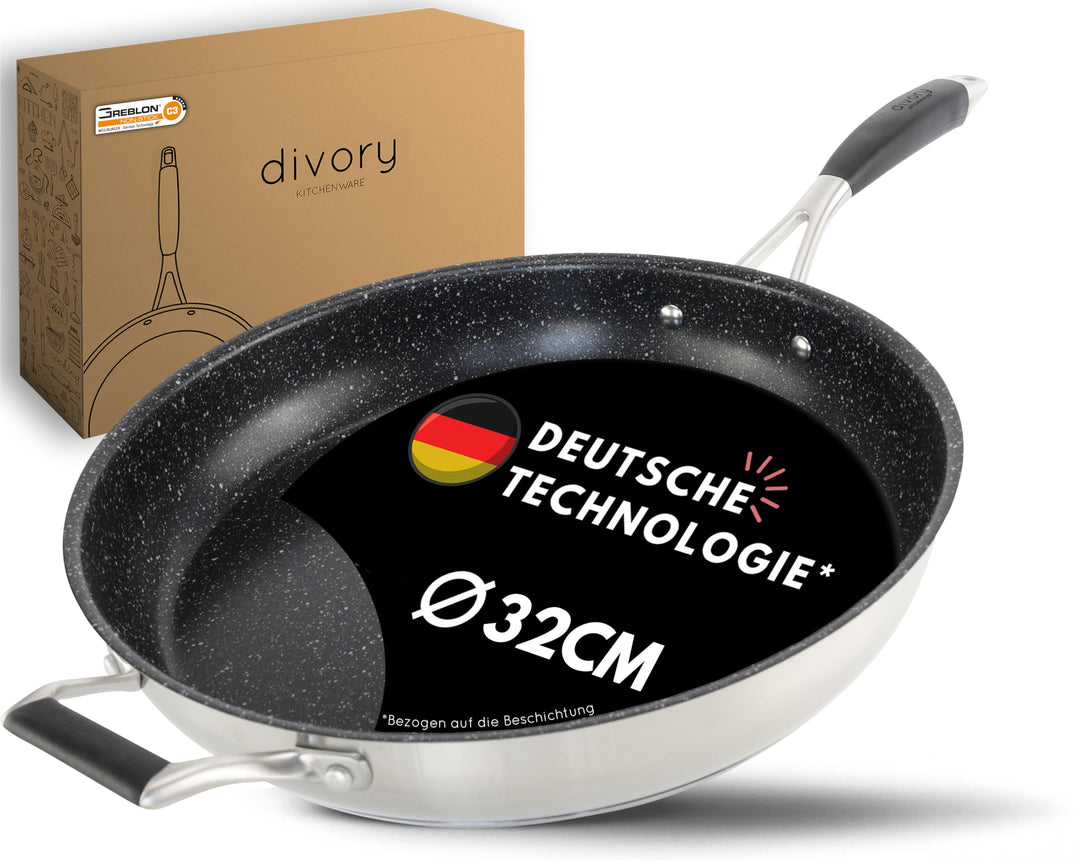 DIVORY Edelstahl Pfanne 32 cm Induktion I Antihaft beschichtete grosse Bratpfanne für alle Herdarten