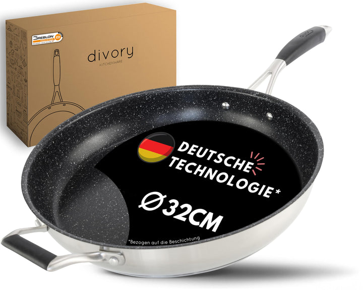DIVORY Edelstahl Pfanne 32 cm Induktion I Antihaft beschichtete grosse Bratpfanne für alle Herdarten