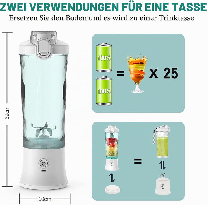 Idota Tragbarer Mixer 600ml Smoothie Maker to Go, Tragbarer Entsafter mit 6 Klinge und USB Wiederauf