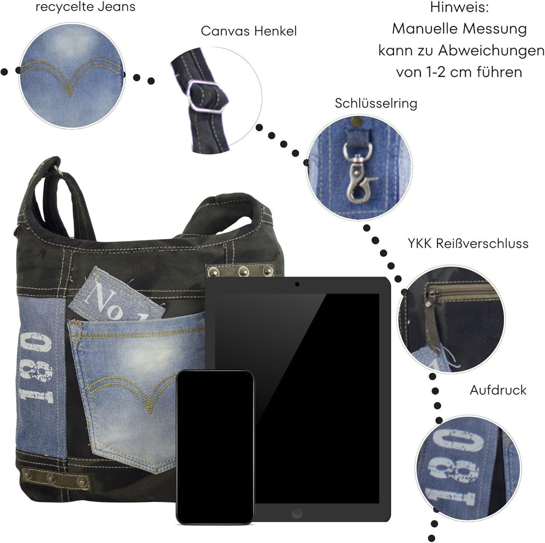 Sunsa Damen Umhängetasche aus Recycelte Jeans Canvas & Leder. Hobo Tasche schwarz/blau