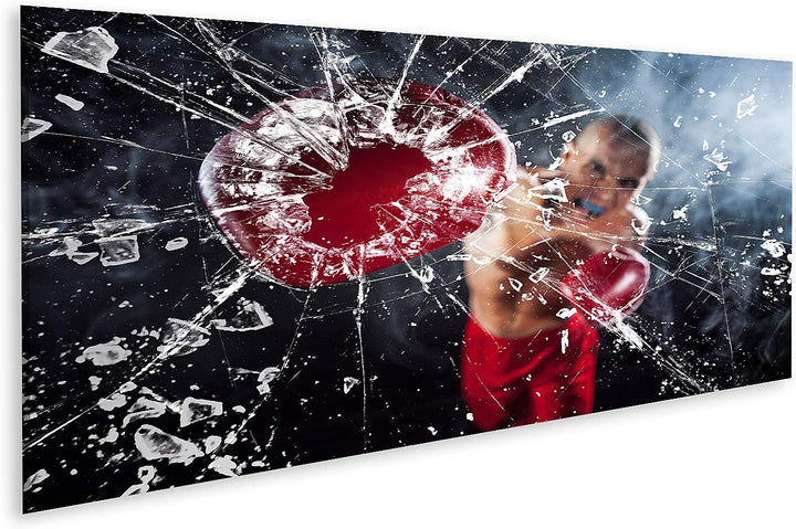 islandburner Bild auf Leinwand Boxer Zertrümmern Glas Junger Athlet Kickboxen Hintergrund Blauer Rau