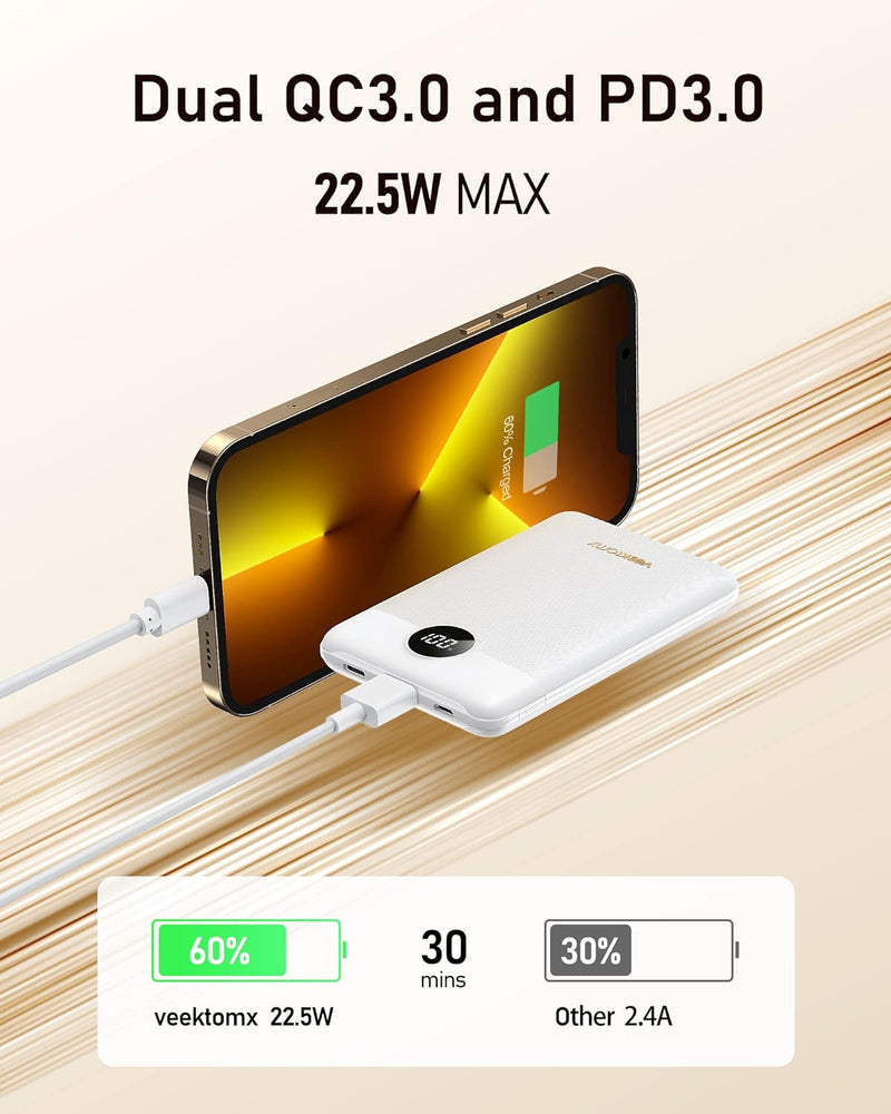 Powerbank 10000mAh VEEKTOMX Power Bank Klein Aber Stark 22,5W Mini Power Bank PD3.0 QC3.0 USB C Exte