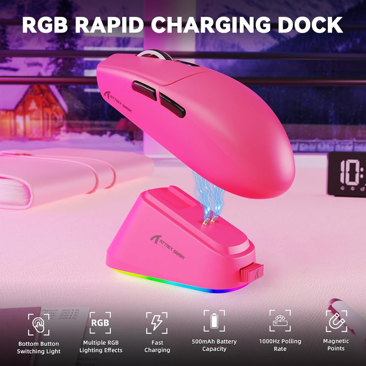 MAMBASNAKE x ATTACK SHARK G3PRO Gaming-Maus mit Magnetischer Ladestation, BT/2.4G Wireless/Kabel, Pi