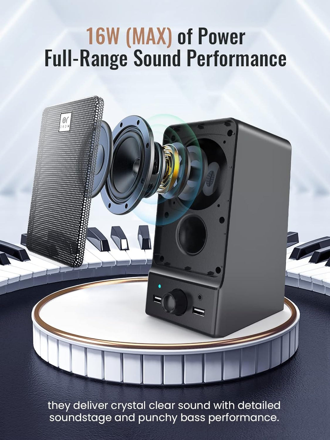 OROW USB Desktop Lautsprecher,HI-FI Stereo Sound USB-betriebener Lautsprecher für PC,16W Lautspreche