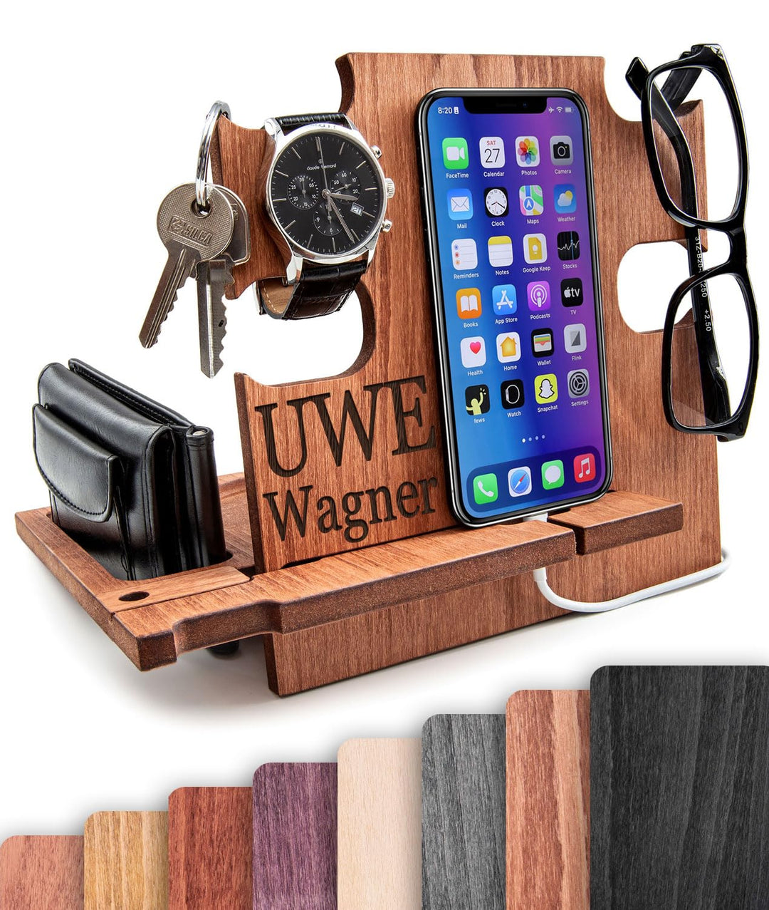 Dockingstation aus Holz, Schreibtischorganisator, Aufbewahrungshalter - Geschenkidee für Männer, Wei