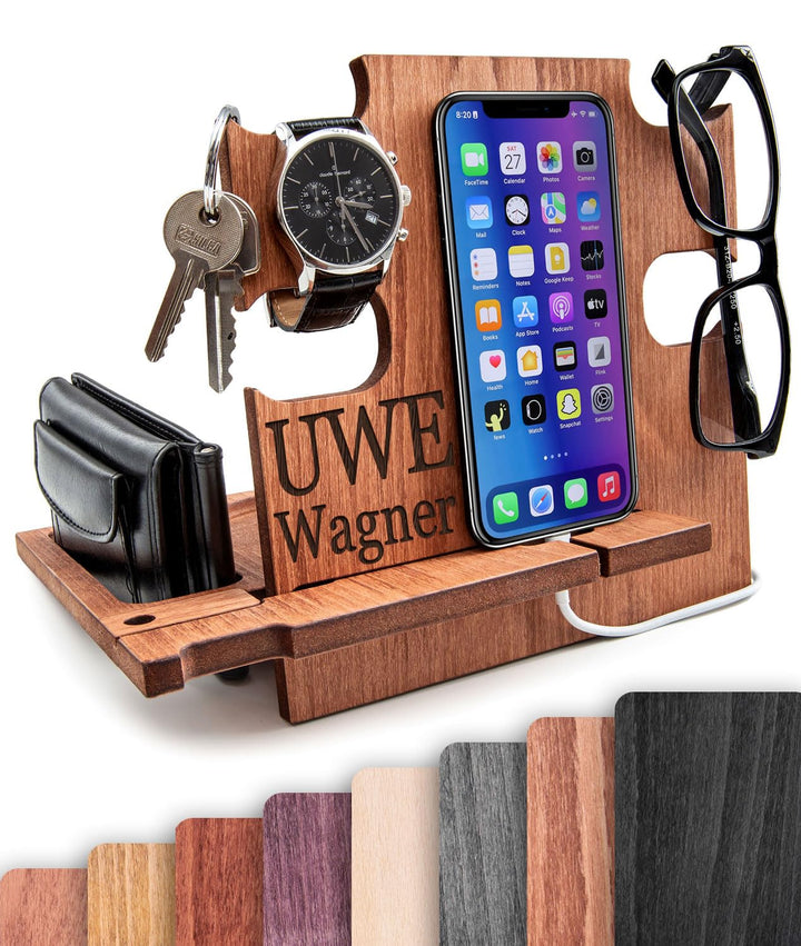 Dockingstation aus Holz, Schreibtischorganisator, Aufbewahrungshalter - Geschenkidee für Männer, Wei