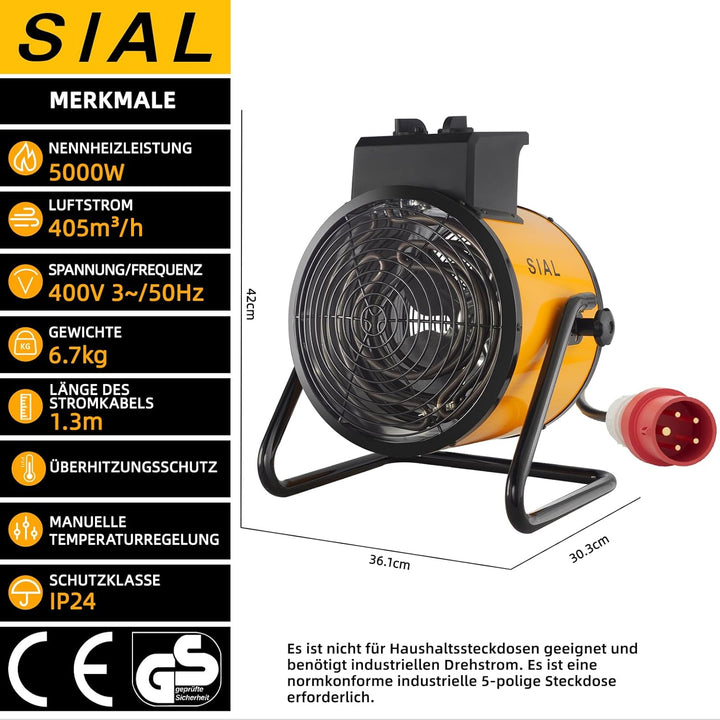 SIAL Industriell Heizlüfter 5000W - Elektrische Heizung - Heizstrahler Bauheizer - Heizgebläse Für G