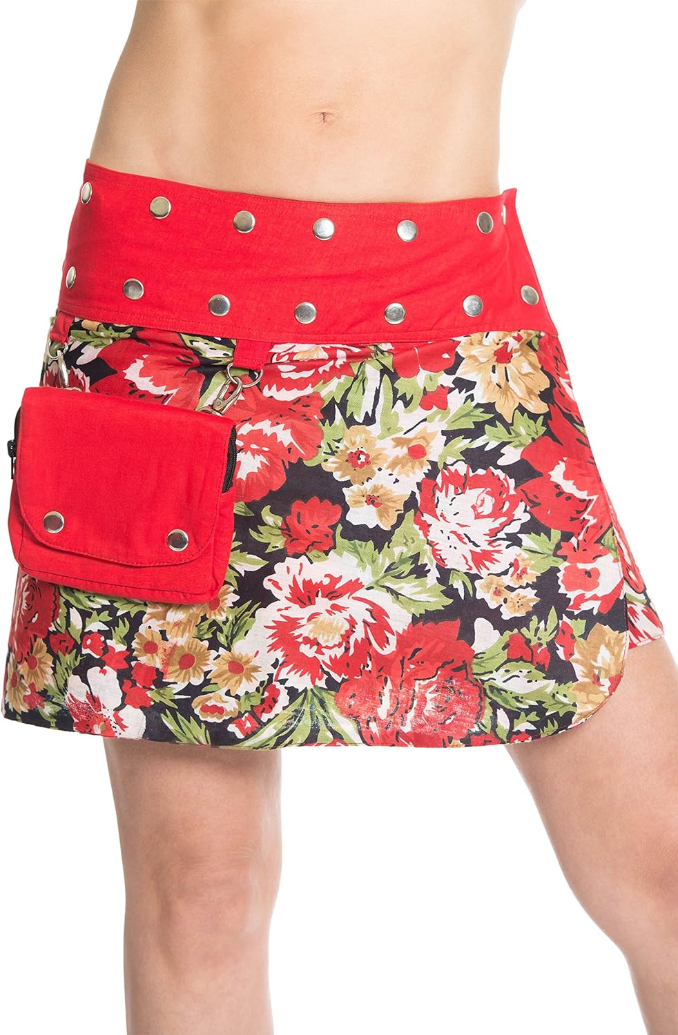 Damen Minirock aus Indien mit Tasche und 2 Mustern zum Wenden, Sommerrock kurz, Wenderock, Wickelroc