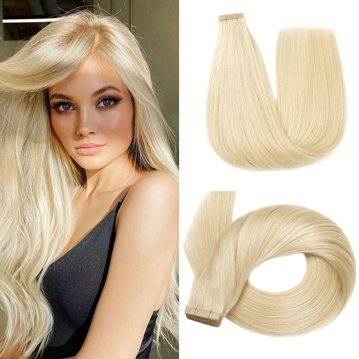HotLulana Tape Extensions Echthaar Platinblond(#60) Extensions Echthaar 14zoll/35cm 40Pcs 80g Invisi