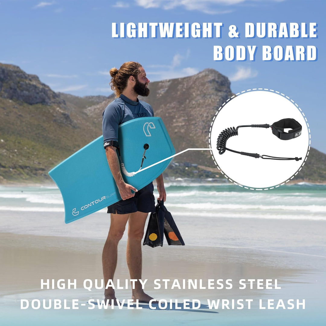 Body Boards for Beach Lightweight Durable Body Board with EPS Core Dual Channel Double Swivel Coiled