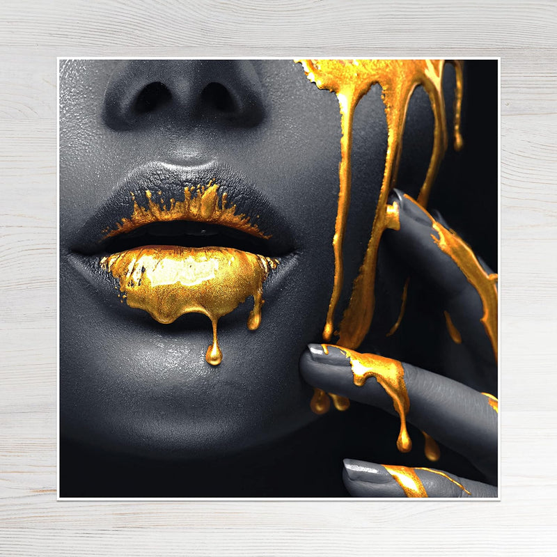 wandmotiv24 Poster als Wanddeko, Grösse 50x50cm, Frauen Lippen mit Goldener Farbe, Beauty, Frau, Mak