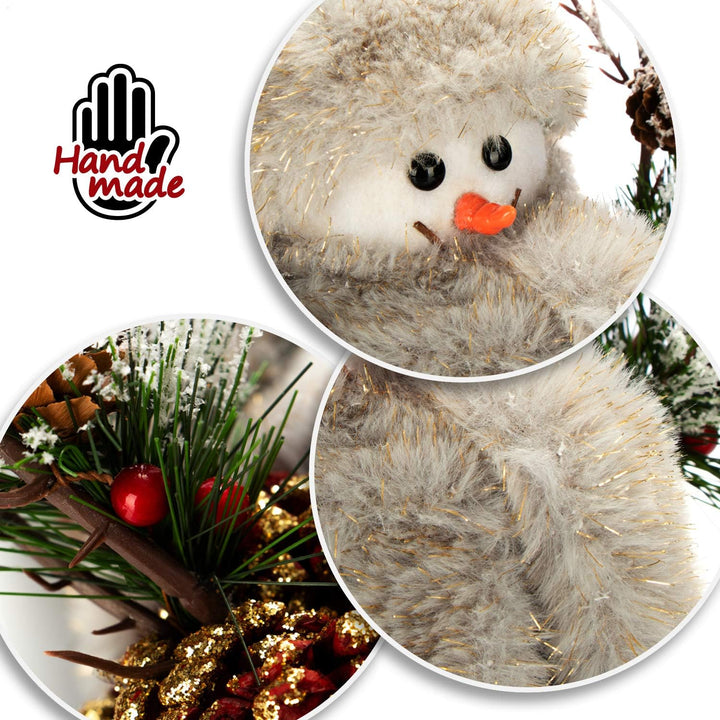 com-four® Schneemannfigur Grösse M Premium, winterliche Dekofigur mit Tannenzapfenkörper, Handmade l