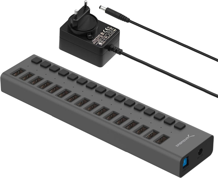 Sabrent USB 3.2 Gen 1 16 Port Aluminium HUB mit Netzschaltern und LEDs, inklusive Netzteil (HB-PU16)