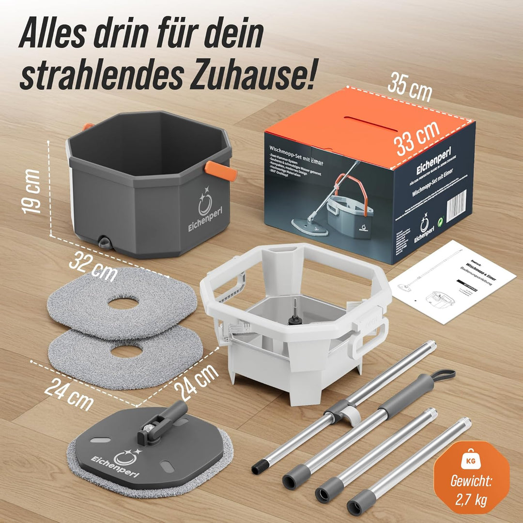 Wischmopp Set mit Eimer, 2-Kammer Wischsystem mit Auswringfunktion, Frisch- & Schmutzwasser Trennung