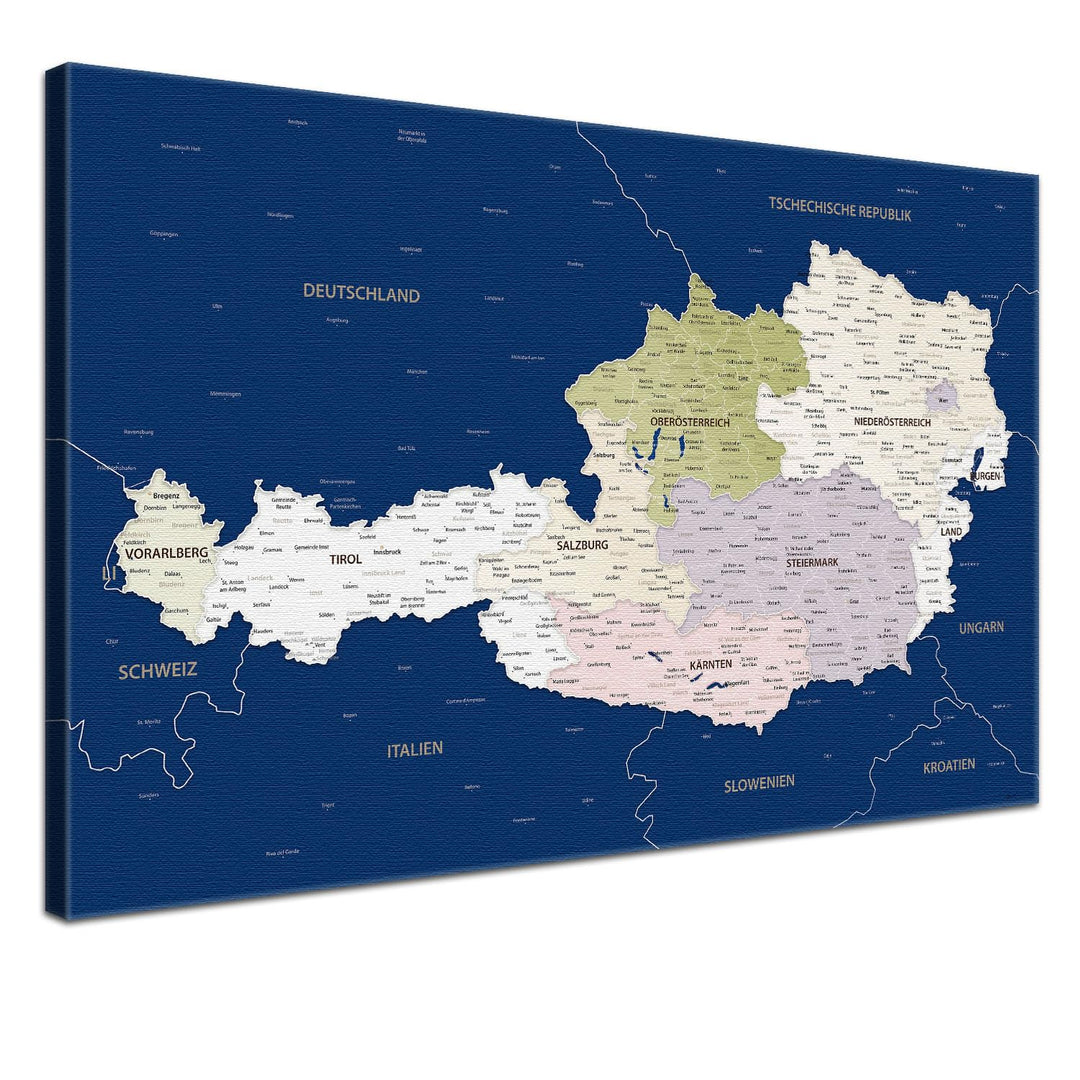 Leinwandbild - Österreichkarte Blau - 80 x 60 cm, Premium Qualität, Deutsch Blau 80 x 60, Blau 80 x