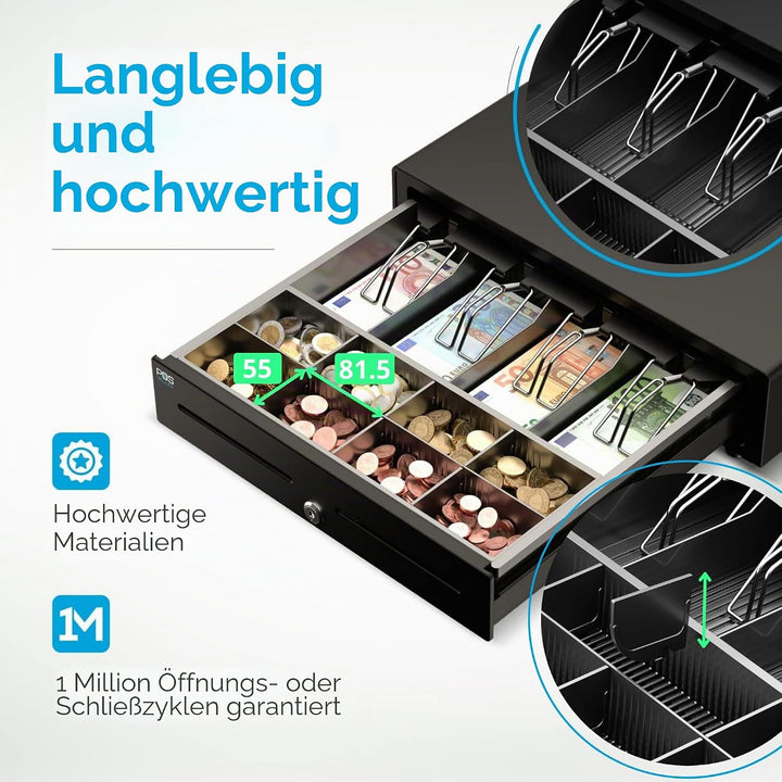 Kassenschublade - Professionelle, Elektrisch (RJ11-12) / Manuell Öffnen - 4 Scheinfächer / 8 grosse