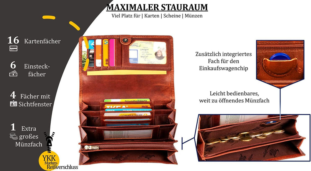 MATADOR Geldbörse Damen – Echtleder mit 16 Kartenfächern | TüV Geprüfter RFID Schutz | Portemonnaie