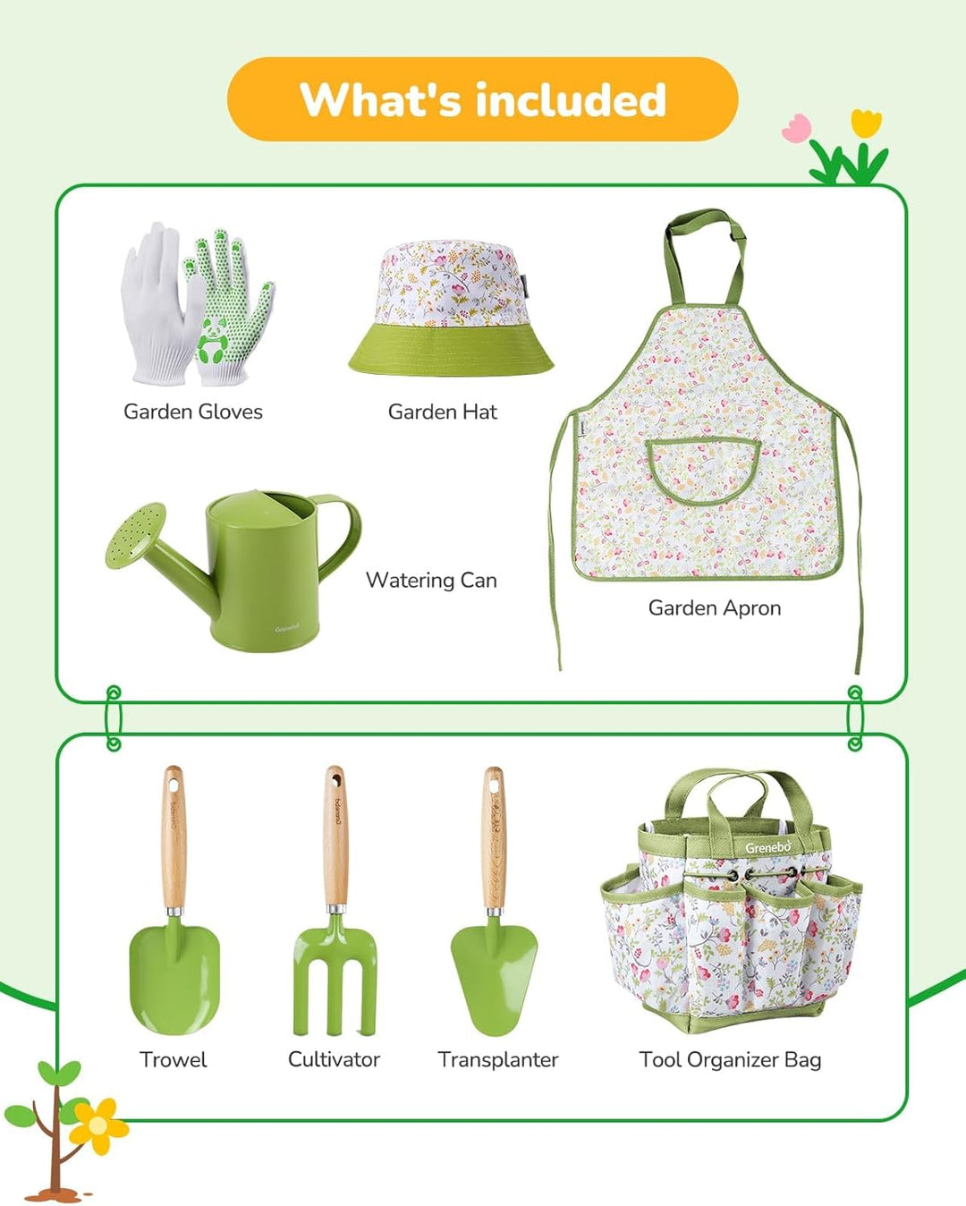 Grenebo-Gartenspielzeug für Kinder, inklusive Metallkelle, Pflanzschaufel, Gartenhut, Rechen, Schürz