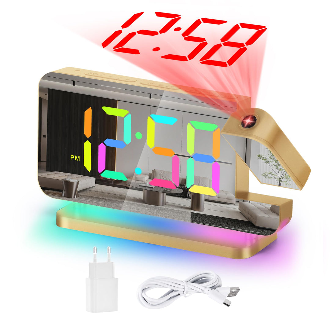 U-picks Projektionswecker,Wecker Digital,7.4" LED-Spiegeluhr mit um 180°Drehbarem Projektor,11 RGB-F