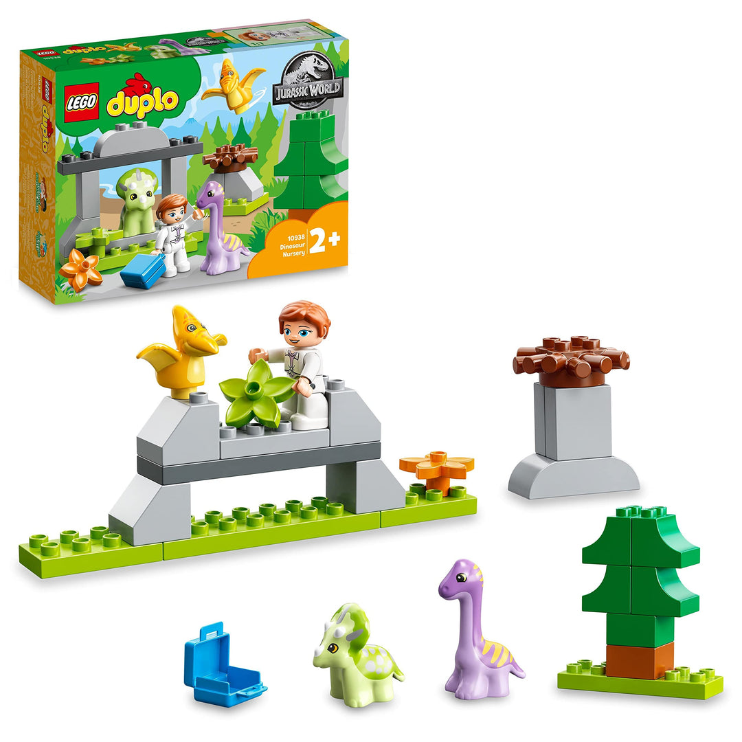 LEGO 10938 DUPLO Jurassic World Dinosaurier Kindergarten mit Baby Dino Figuren und Triceratops, Spie