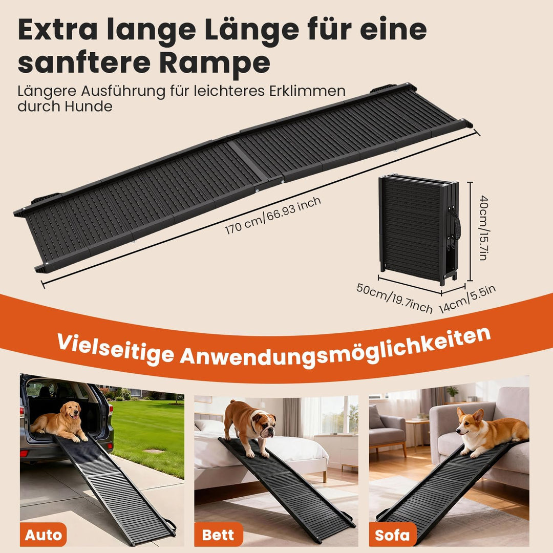 Hundeautorampe 170 x 41 cm,Extralange klappbare Hundetreppe mit Rutschfester Oberfläche, Schwerlast