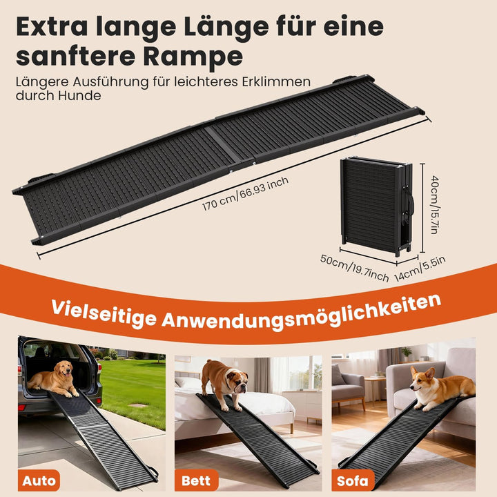 Hundeautorampe 170 x 41 cm,Extralange klappbare Hundetreppe mit Rutschfester Oberfläche, Schwerlast
