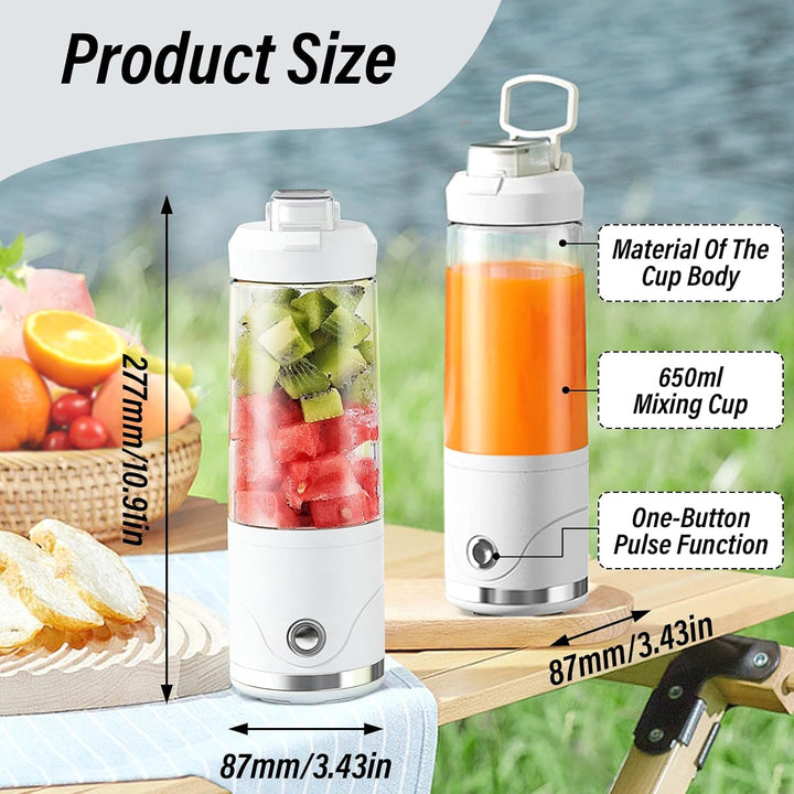 Tragbarer Smoothie Mixer To Go, 650ml Fresh Juice Blender mit 20000 RPM, USB-C Akku, 6 Edelstahlklin