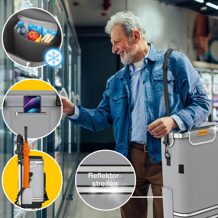 ELONEO Einkaufstrolley klappbar, Einkaufswagen mit Kühlfach, 3in1 Trolley, Sackkarre & Umhängetasche