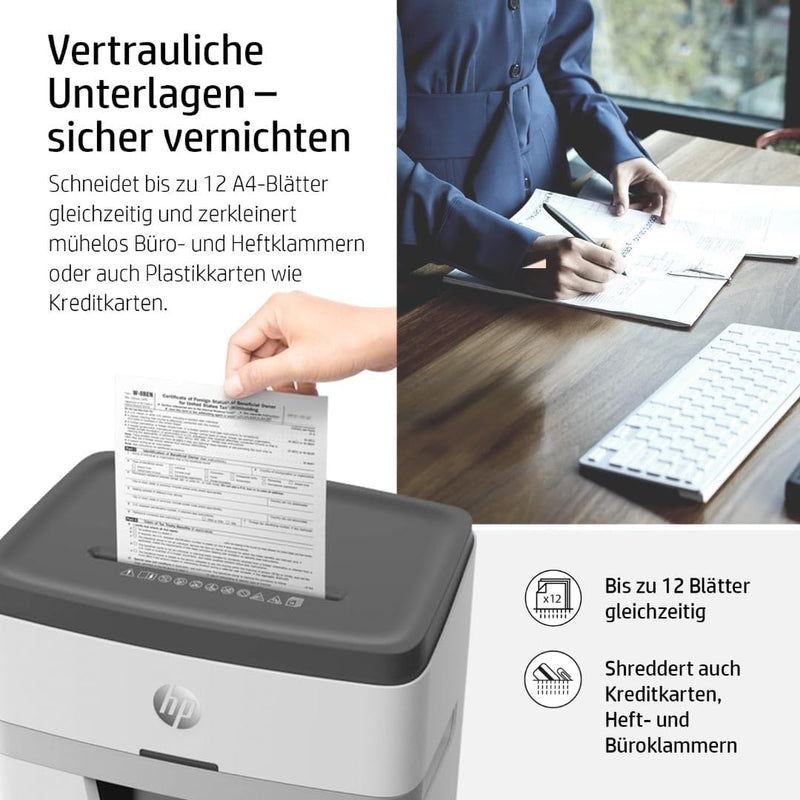 HP OneShred 12MC, Aktenvernichter, Sicherheitsstufe P-5, Micro Cut, 12 Blatt, 2806 weiss 12 Blatt Mi