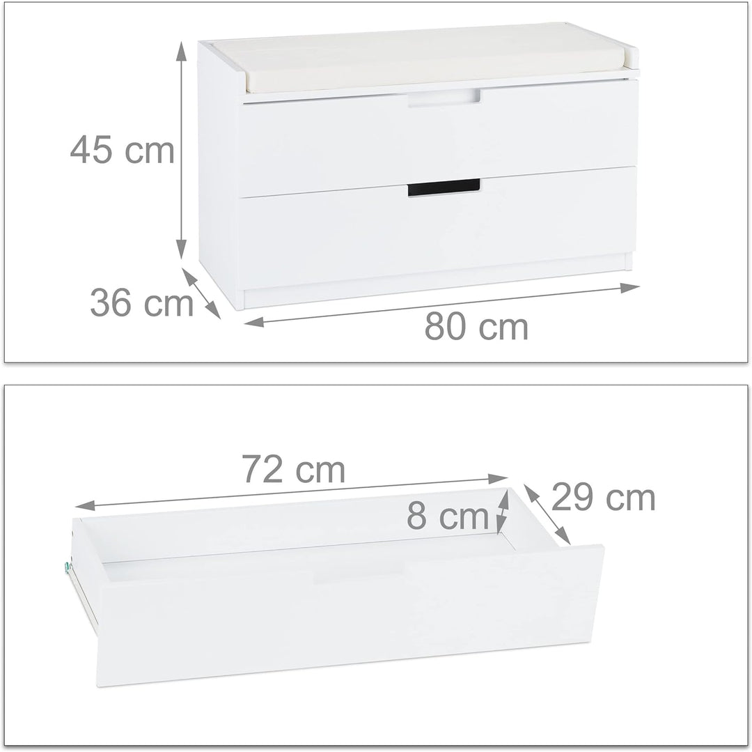 Relaxdays Sitzkommode, Garderobenbank mit 2 Schubladen, Landhausstil, Auflage zum Sitzen, HBT: 45 x