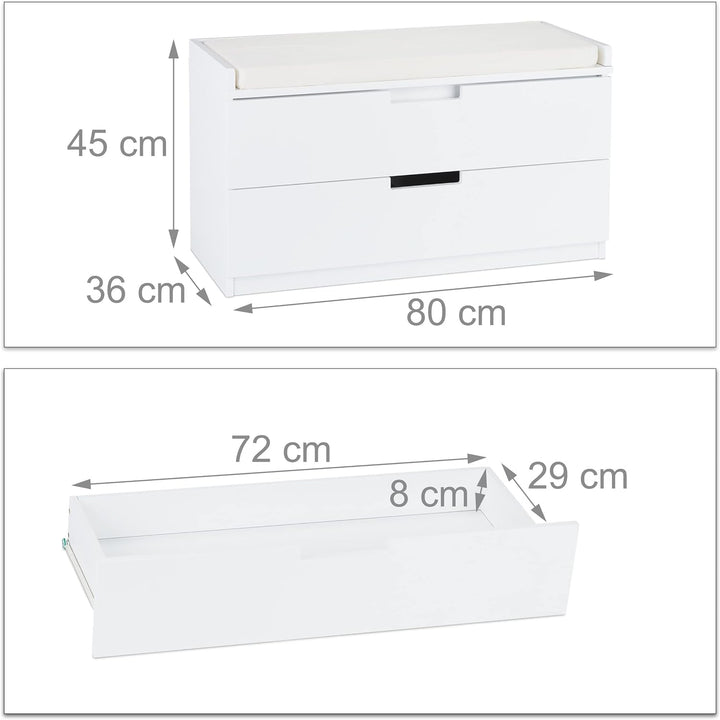 Relaxdays Sitzkommode, Garderobenbank mit 2 Schubladen, Landhausstil, Auflage zum Sitzen, HBT: 45 x