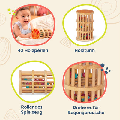 B. toys Montessori Baby Spielzeug Regenmacher mit Holzperlen – Holzspielzeug, Motorikspielzeug, Baby