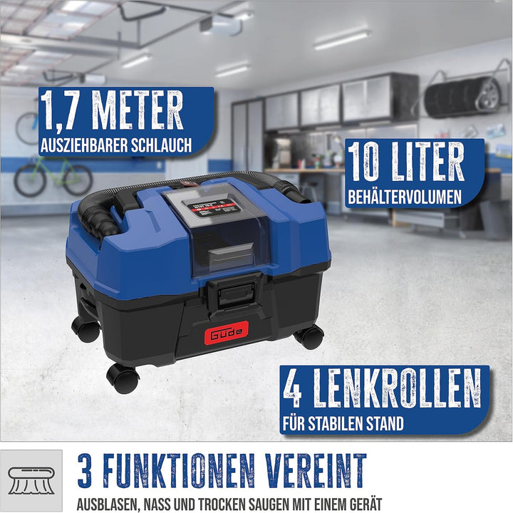 Güde Akku Nass Trockensauger NTST 18-201-05 (18V, 10 l Auffangbehälter, 4 Lenkrollen, Boden- & Fugen
