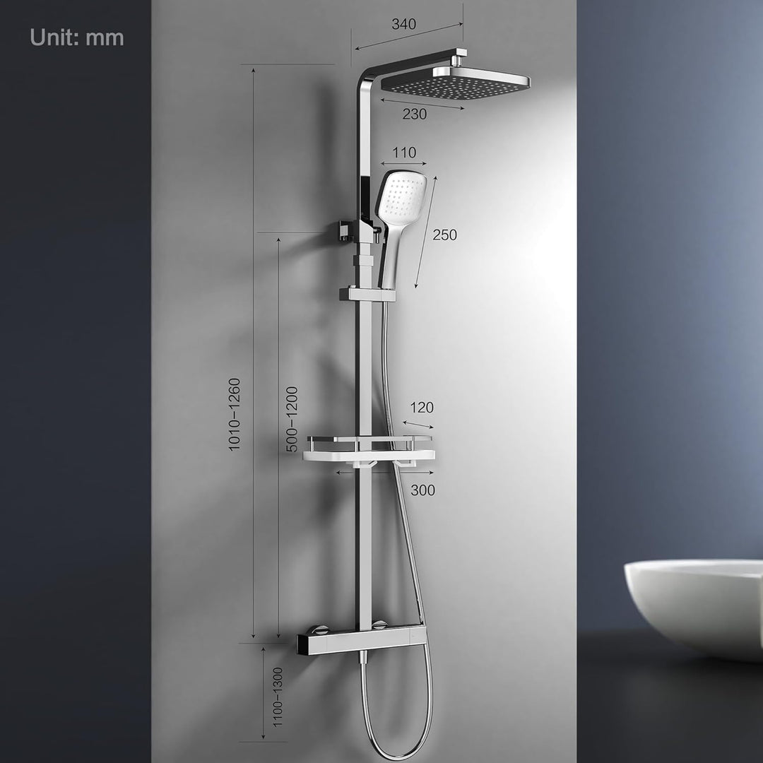 HOMELODY Duschsystem mit Thermostat & Duschablage Chrom - Duscharmatur Komplettset mit Handbrause &