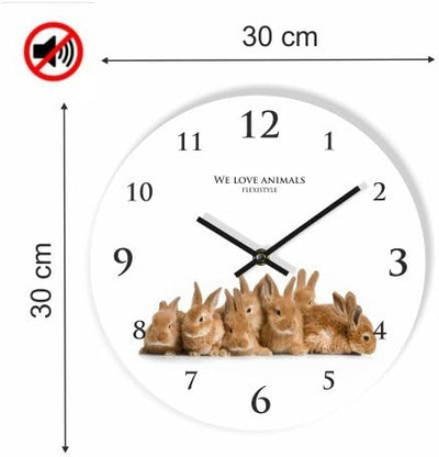 FLEXISTYLE Moderne Wanduhr für Kinder Kaninchen, 30cm, still, oval, Zimmer für Kinder, Schule, Kinde