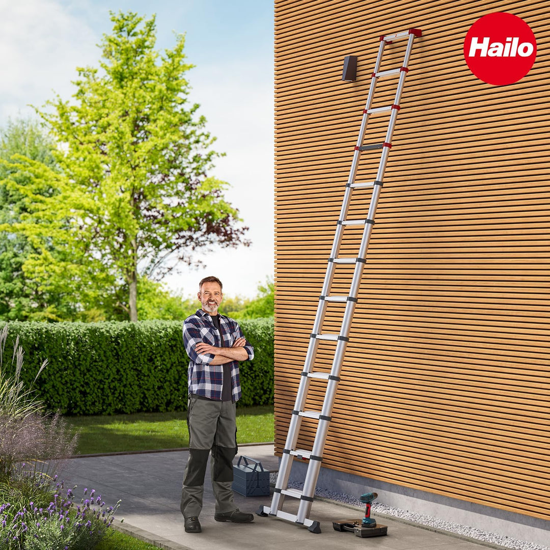 Hailo T100 FlexLine Sicherheits-Teleskopleiter - ausziehbare Leiter aus Aluminium mit bis zu 13 Stuf