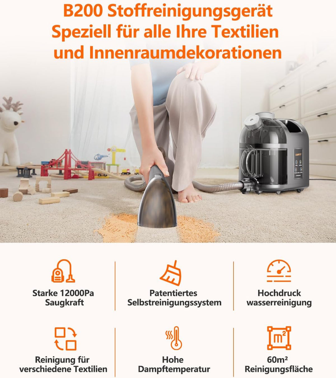 Uwant B200, Polsterreiniger Gerät, 1900W, Dampfreinigungsfunktion | Für Teppiche, Sofas, Vorhänge, K